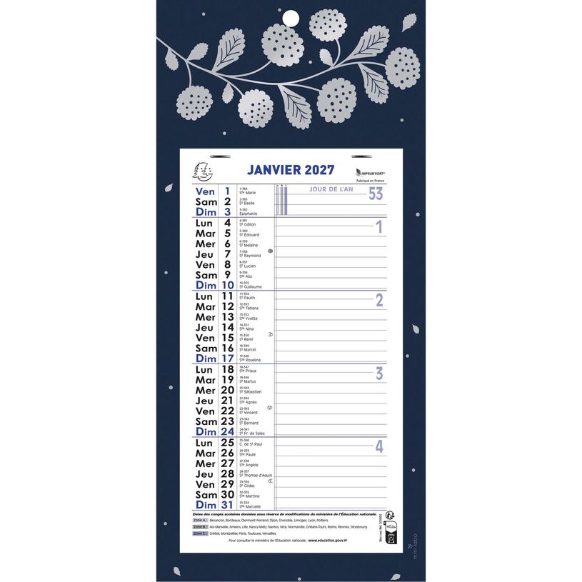 3660942086349-Calendrier mensuel avec feuillets détachables 15,5 x 28,5 cm sur plaque décors Végétal 19 x 41 cm  - disponible dans différentes cou--0