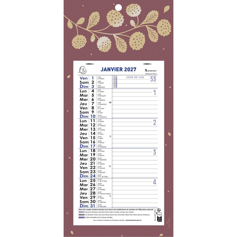 3660942086349-Calendrier mensuel avec feuillets détachables 15,5 x 28,5 cm sur plaque décors Végétal 19 x 41 cm  - disponible dans différentes cou--1