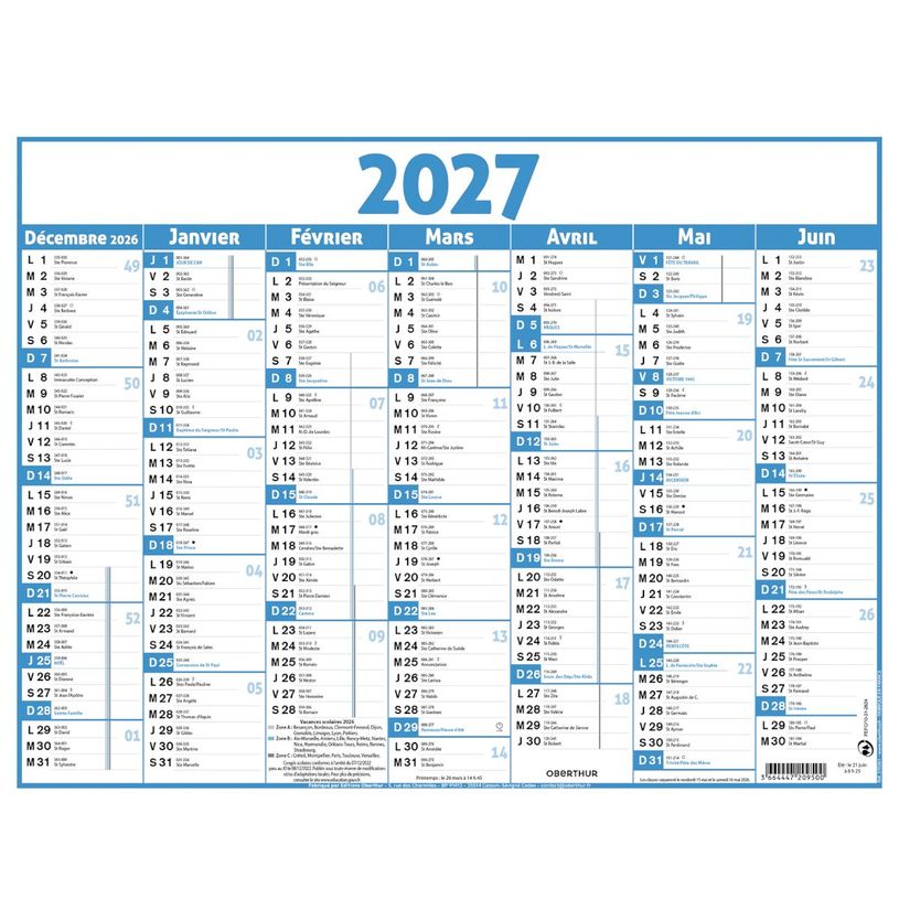 3664447231822-Calendrier Classique - 7 mois par face - 210 x 265 mm - bleu - Oberthur--0