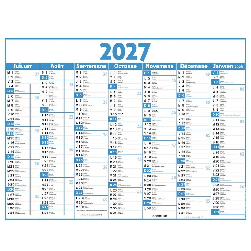 3664447231822-Calendrier Classique - 7 mois par face - 210 x 265 mm - bleu - Oberthur--1