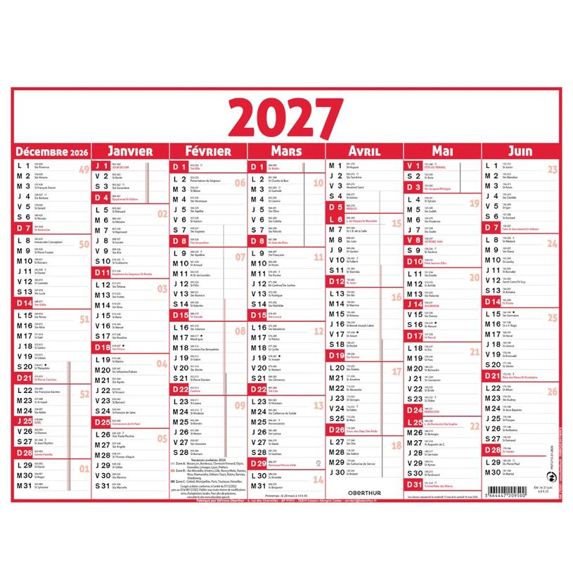 3664447233437-Calendrier Classique - 7 mois par face - 320 x 420 mm - rouge - Oberthur--0