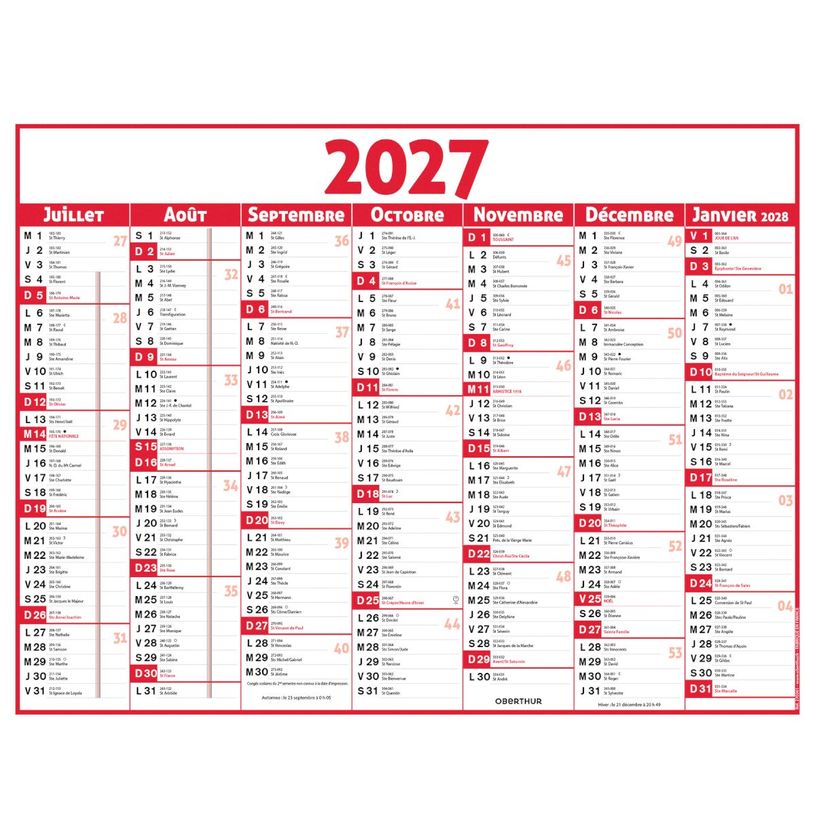 3664447233437-Calendrier Classique - 7 mois par face - 320 x 420 mm - rouge - Oberthur--1