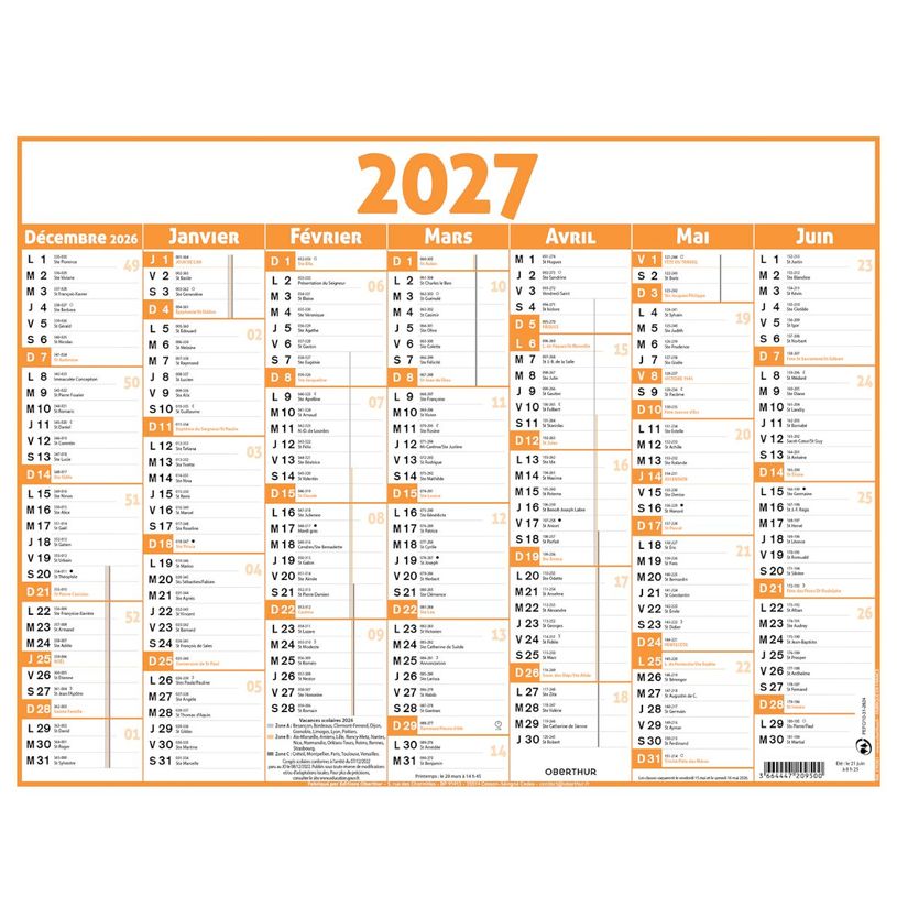 3664447233475-Calendrier Classique - 7 mois par face - 430 x 550 mm - orange - Oberthur--0