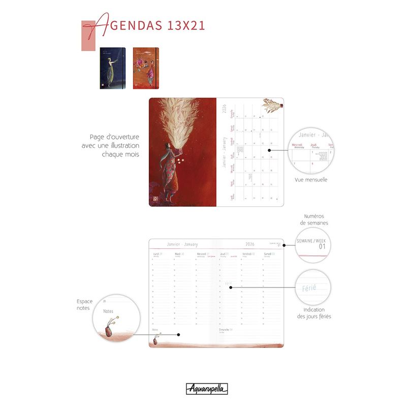 3494150175072-Agenda 13x21cm 12 mois Aquarupella -G. Boissonnard - Pluie--1