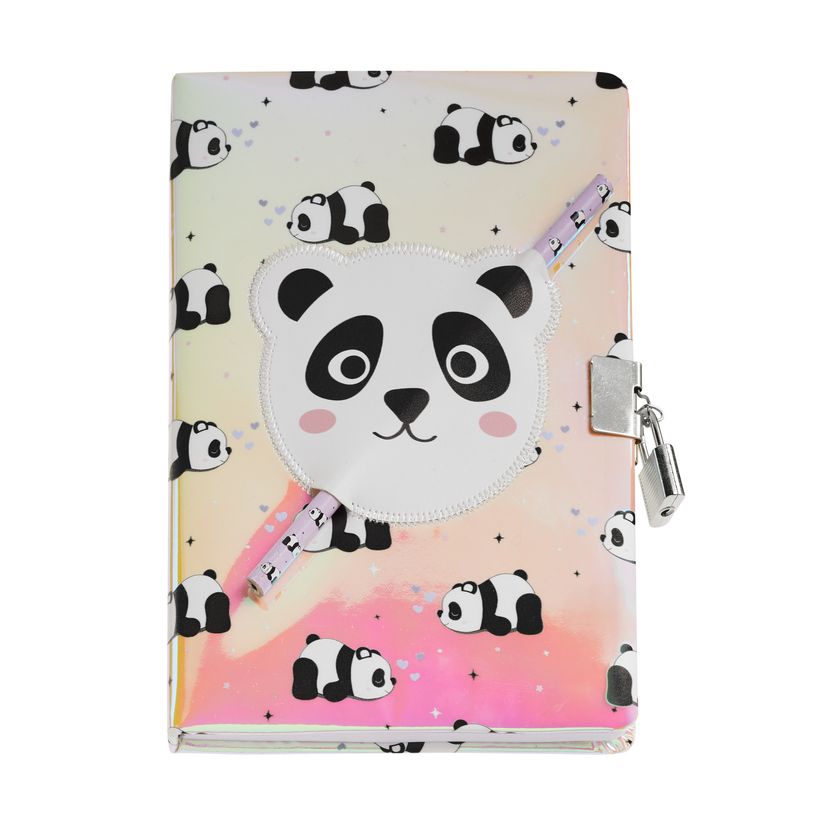 8422593075845-Journal secret Panda pour enfants avec cadenas -  clés et crayon -  carnet A5 holographique à 80 pages lignées -  cadeau --1