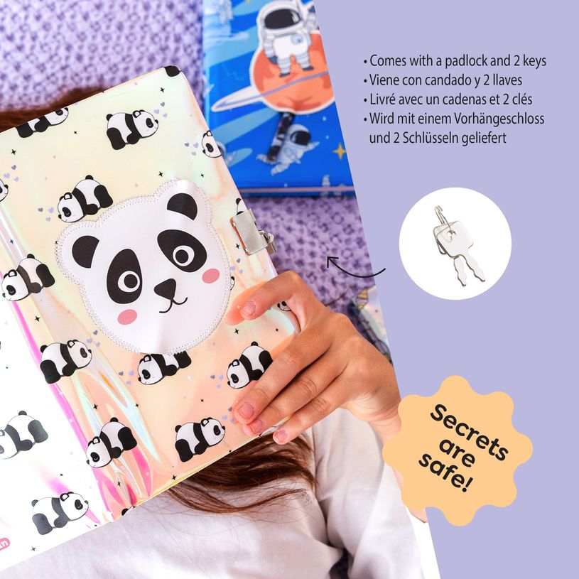 8422593075845-Journal secret Panda pour enfants avec cadenas -  clés et crayon -  carnet A5 holographique à 80 pages lignées -  cadeau --4