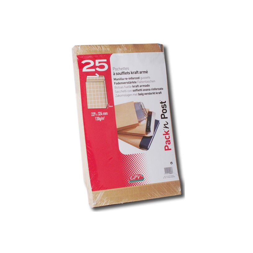 3250650396276-GPV PACK'N POST - Paquet de 25 sacs à soufflets Kraft - International C4 (229 x 324 mm) - extrémité ouverte - bande-P_405245607_2-2