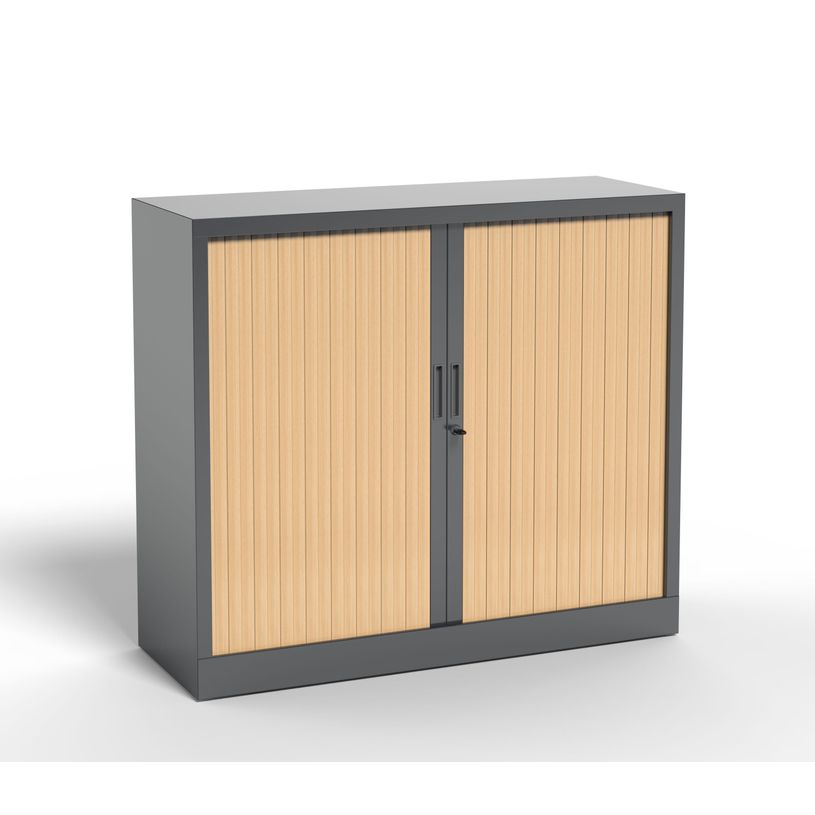 3700339995998-Armoire mi-haute à rideau - L120 x H105 x P43 cm - corps anthracite/rideau chêne-P_405247673_1-0