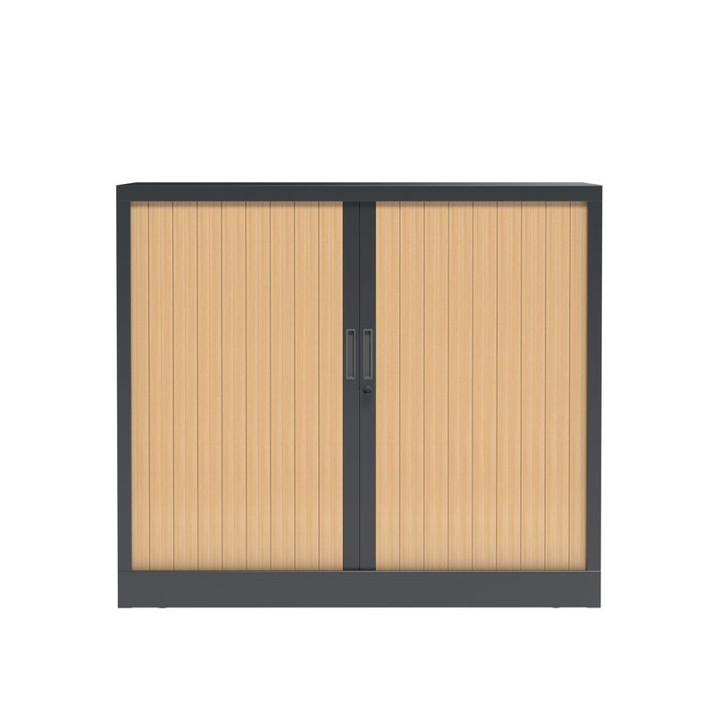 3700339995998-Armoire mi-haute à rideau - L120 x H105 x P43 cm - corps anthracite/rideau chêne-P_405247673_2-1