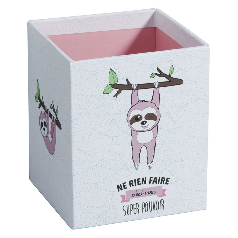 3173740242034-Pot à crayons cartonné SMILE "Paresseux" "Super Pouvoir" coloris blanc et rose--0