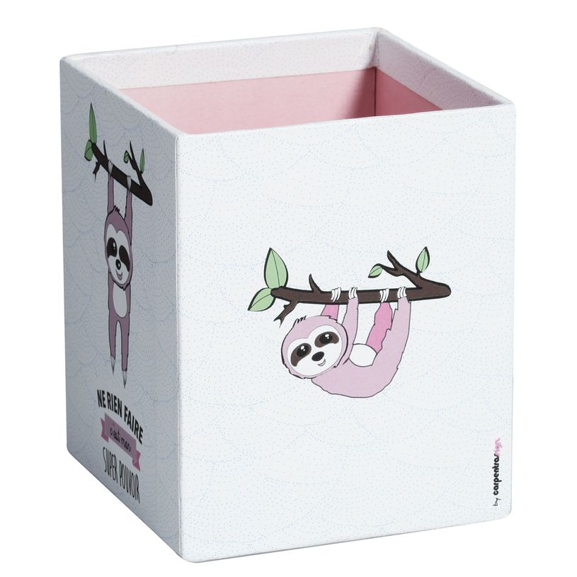 3173740242034-Pot à crayons cartonné SMILE "Paresseux" "Super Pouvoir" coloris blanc et rose--1