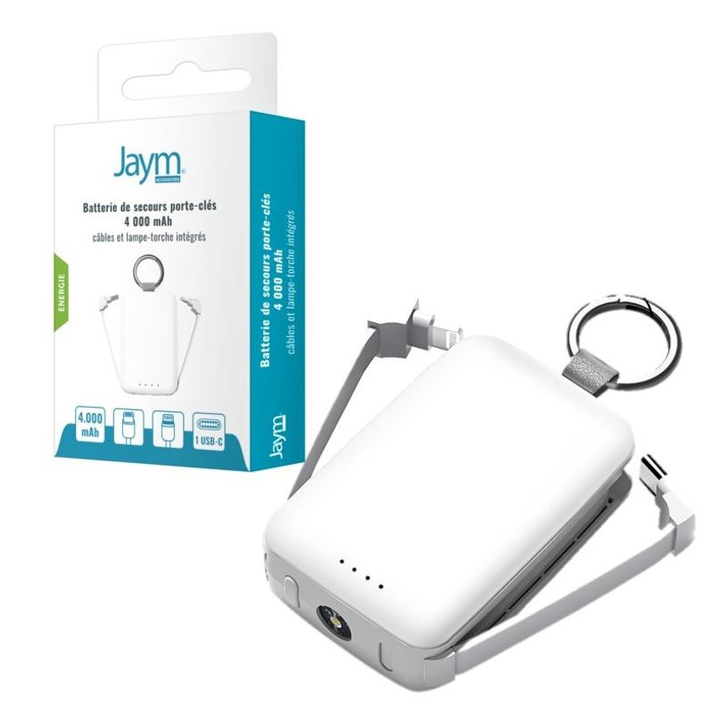 3701263529938-Jaym - Powerbank / batterie de secours rechargeable - porte clé - 4000 mAh  - blanc--3