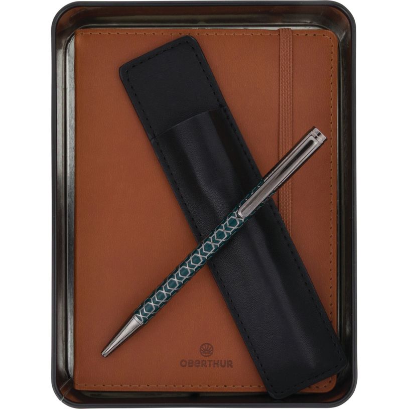 3664447220147-Coffret carnet et stylo bille Balthazar/Melo - cognac et vert - oberthur--0
