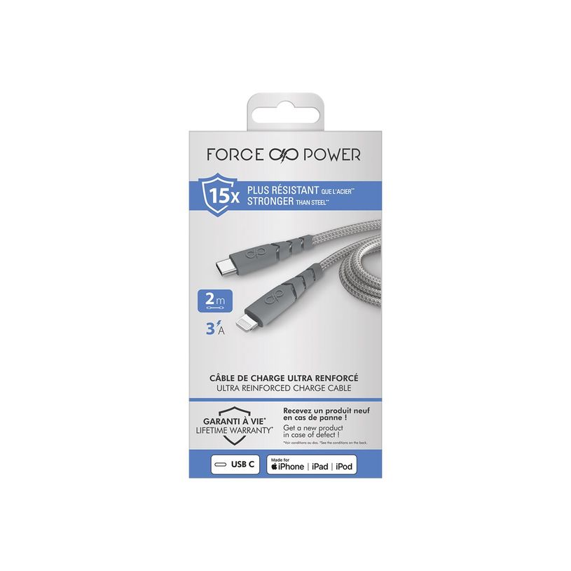 3571211490098-Force Power - Câble Lightning - USB-C mâle vers Lightning mâle - 2 m - Certifié MFI - -P_405253776_2-1