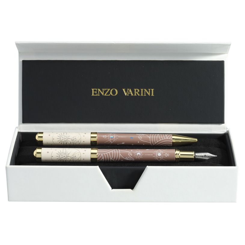 3219918260056-Parure bille + plume ENZO VARINI "Celestial" coloris marron & beige --0