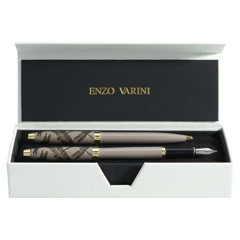 3219918260193-Parure bille + plume ENZO VARINI "Taormina XL Bugs" motifs libellules coloris gris --0