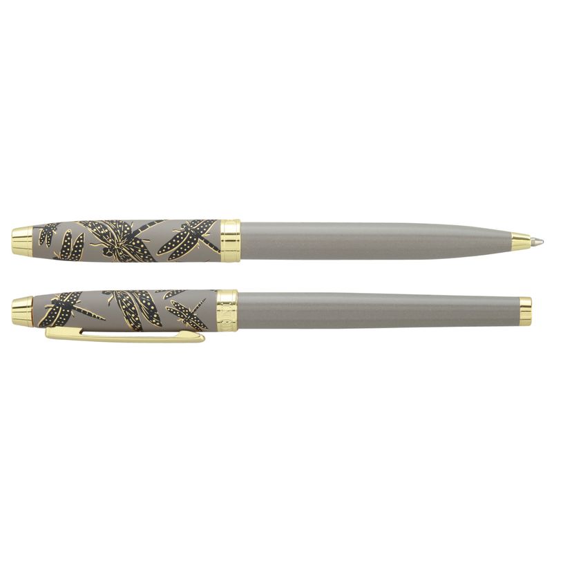 3219918260193-Parure bille + plume ENZO VARINI "Taormina XL Bugs" motifs libellules coloris gris --2