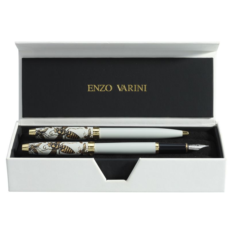 3219918260278-Parure bille + plume ENZO VARINI "Taormina XL Bugs" motifs abeilles coloris blanc --0