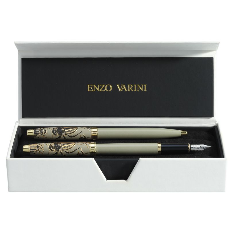 3219918260322-Parure bille + plume ENZO VARINI "Taormina XL Bugs" motifs scarabées coloris vert gris--0