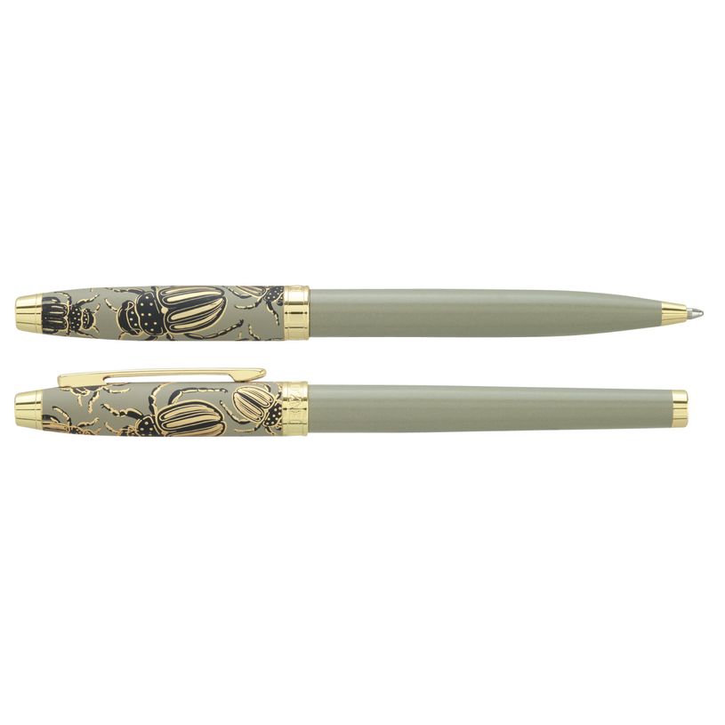 3219918260322-Parure bille + plume ENZO VARINI "Taormina XL Bugs" motifs scarabées coloris vert gris--2