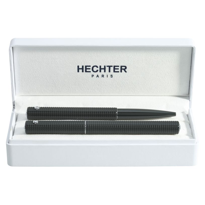 3219911860352-Parure plume + bille HECHTER PARIS "Hexagone Plaids" coloris gris foncé à carreaux--0