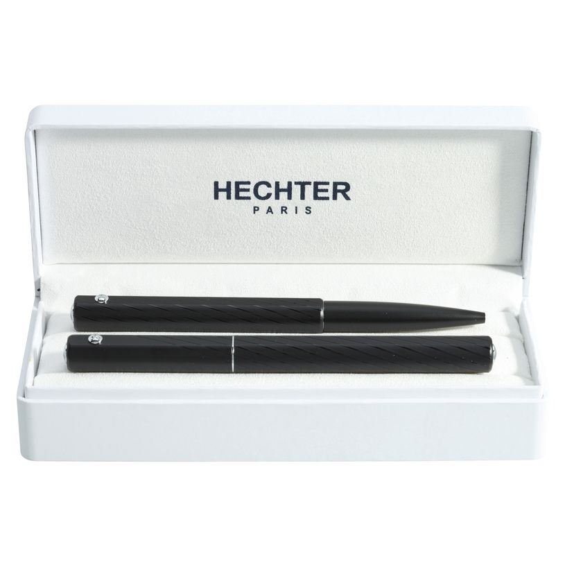 3219911860369-Parure plume + bille HECHTER PARIS "Hexagone Plaids" coloris noir mat avec lignes--0