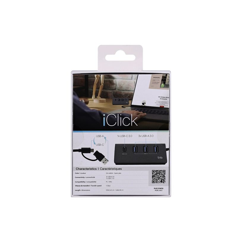 3303170118122-T'nB iClick - Hub - 4-in-1 - 3 x SuperSpeed USB 3.0 + 1 x USB-C  - aluminum-P_405256042_6-3