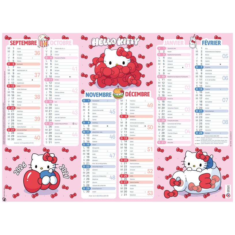 3664447221922-Calendrier Hello Kitty - 6 mois par face - 55 x 40,5 cm - Oberthur--0