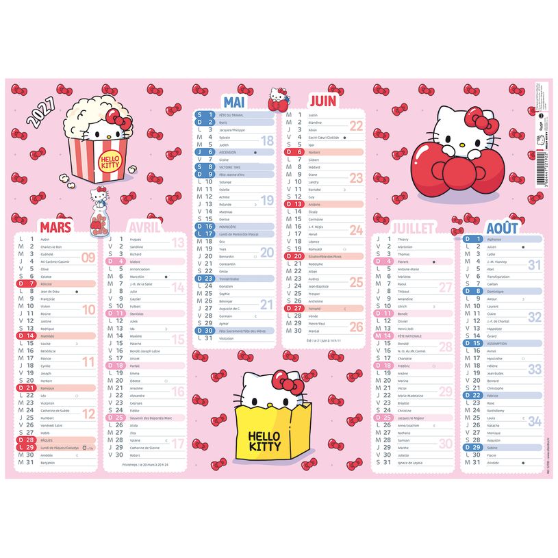 3664447221922-Calendrier Hello Kitty - 6 mois par face - 55 x 40,5 cm - Oberthur--1