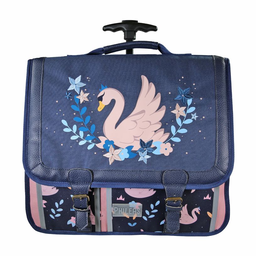 3666311037233-Cartable à roulettes Phileas Cygne - 41 cm - 2 compartiments - Marine - Bagtrotter--0