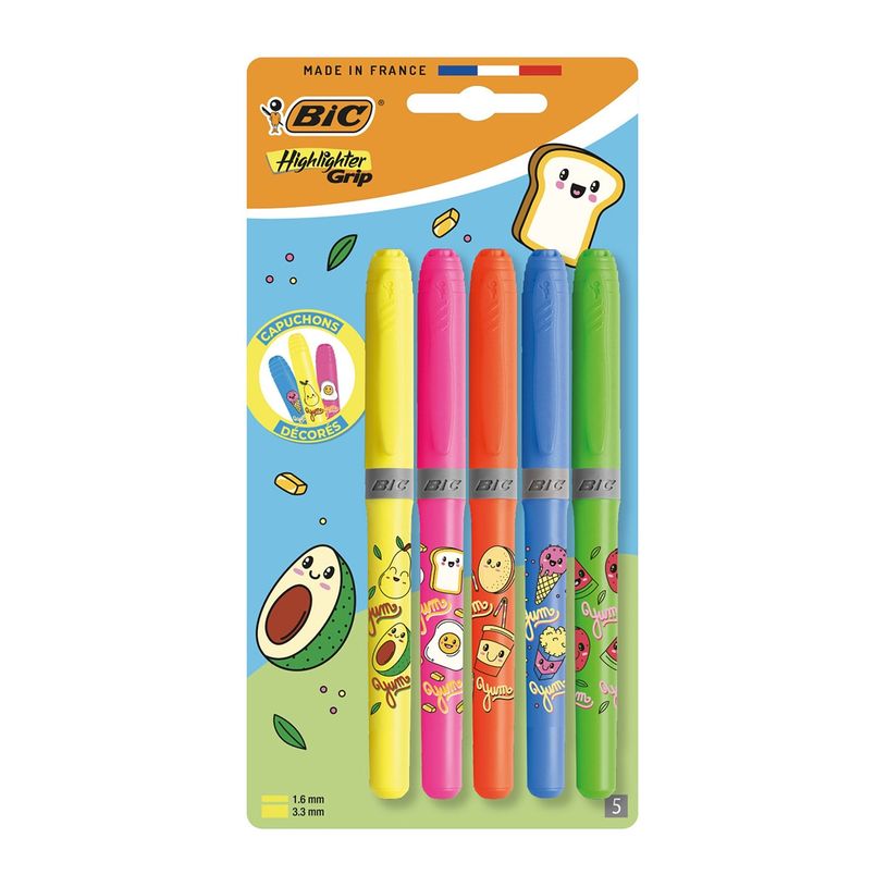 3086123779273-BIC Grip Kawaï - 5 surligneurs fluo - couleurs assorties--1