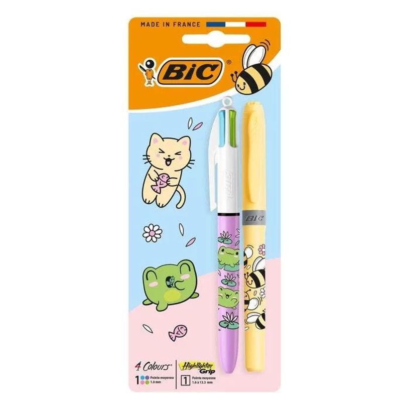3086123777149-BIC - Stylo 4 Couleurs Kawaii Pastel + surligneur Grip--0