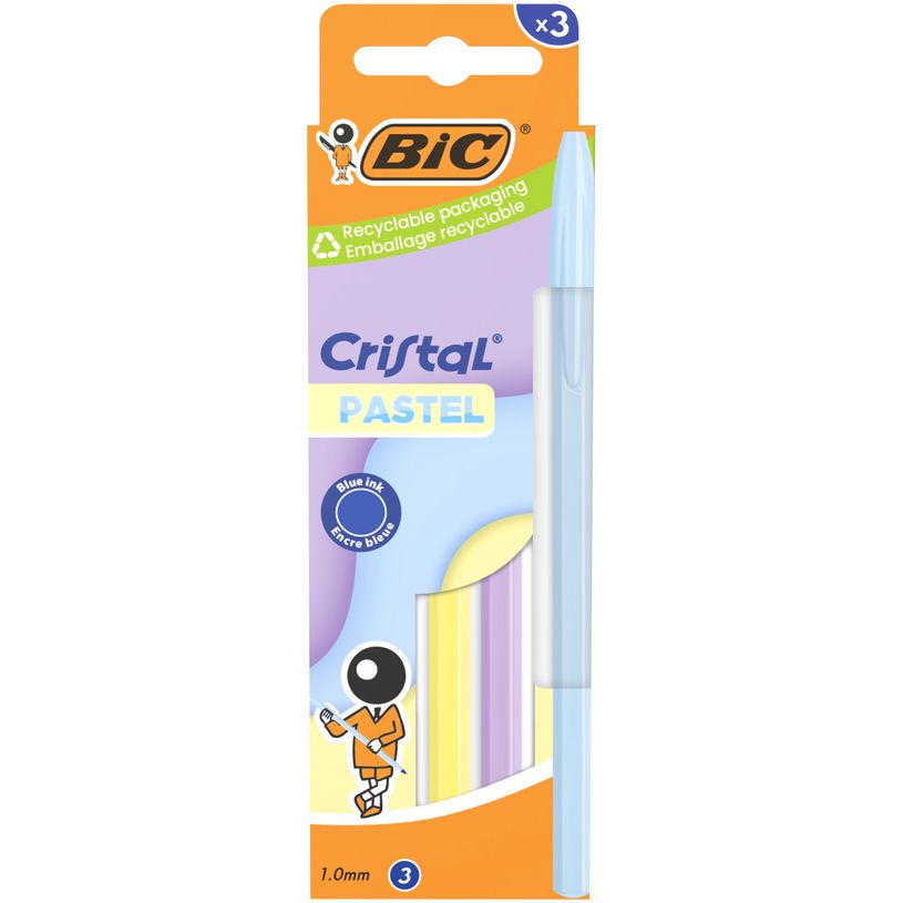 3086124134736-BIC – Lot de 3 stylos bille Cristal Pastel – encre bleue, pointe 1 mm--0