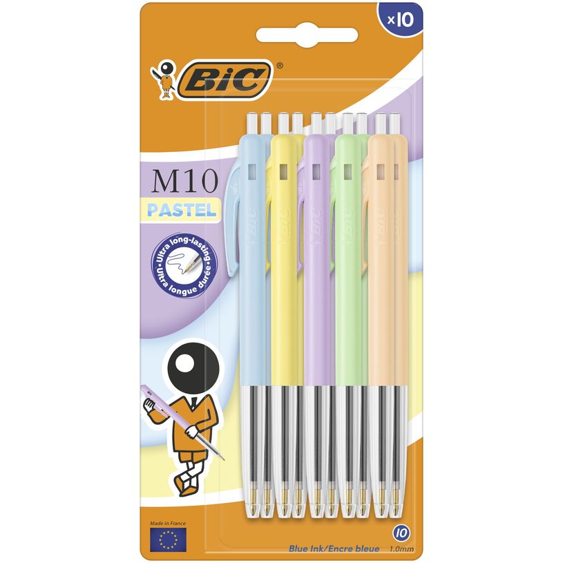 3086123504295-BIC – Lot de 10 stylos bille M10 Pastel – encre bleue, pointe 1 mm, rétractable--0