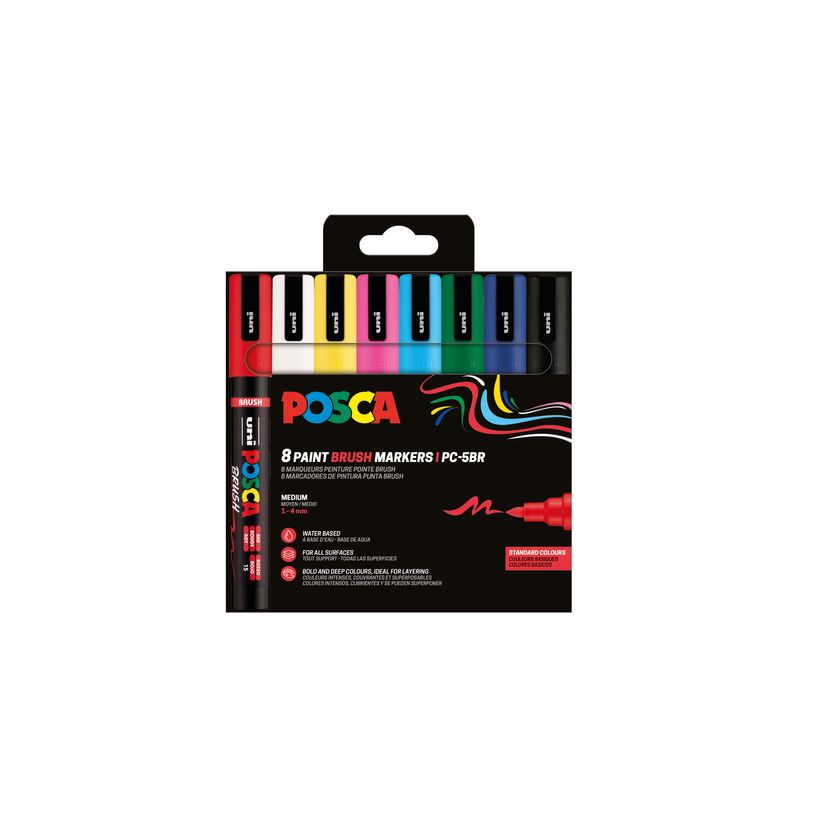 3701614902113-POSCA – Pochette de 8 marqueurs Brush PC-5BR – Couleurs basiques--0