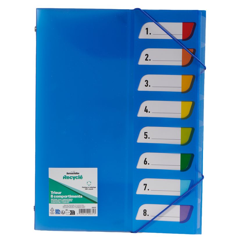 3539012006313-Bureau Vallée Recyclé - Trieur A4 - 8 compartiments - 3 rabats - disponible dans différentes couleur--3