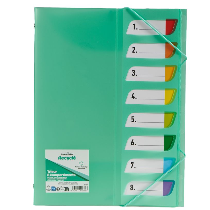 3539012006313-Bureau Vallée Recyclé - Trieur A4 - 8 compartiments - 3 rabats - disponible dans différentes couleur--5