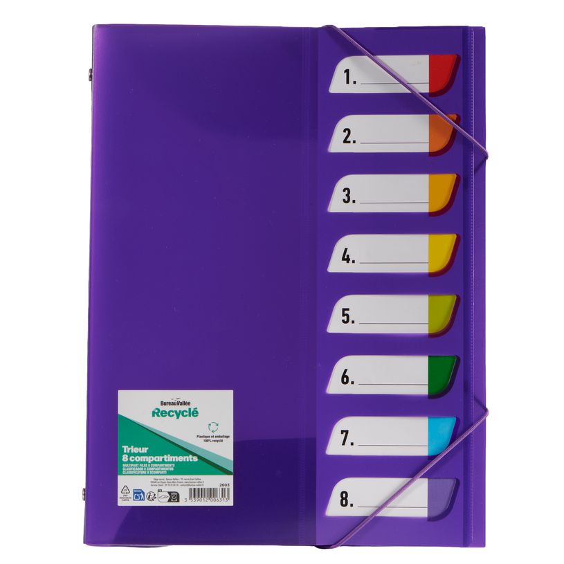 3539012006313-Bureau Vallée Recyclé - Trieur A4 - 8 compartiments - 3 rabats - disponible dans différentes couleur--6
