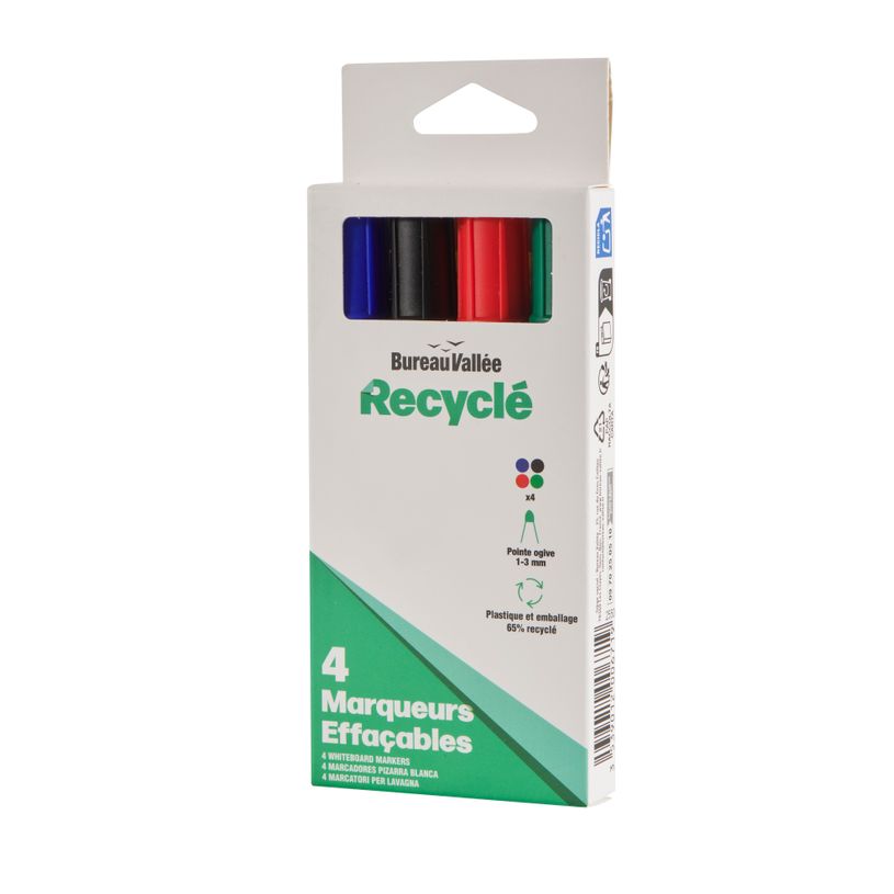 3539012006719-Bureau Vallée Recyclé – 4 marqueurs effaçables pointe large – Assortiment de 4 couleurs--2