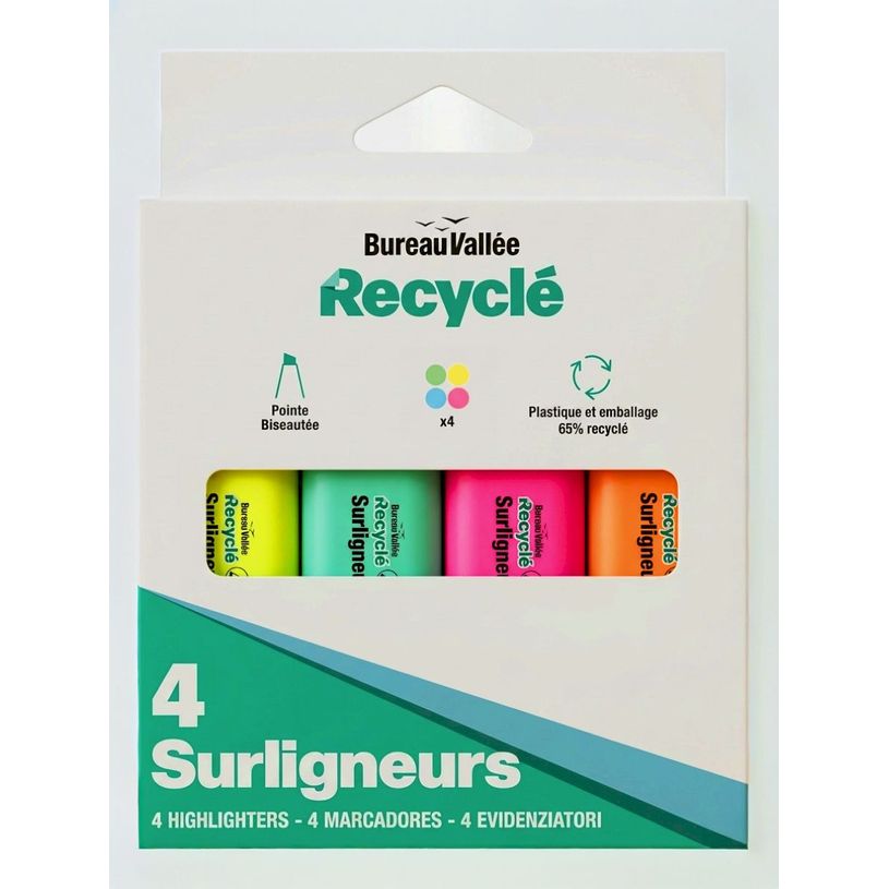 3539012006818-Bureau Vallée Recyclé - 4 surligneurs - Jaune, orange, vert et rose--0