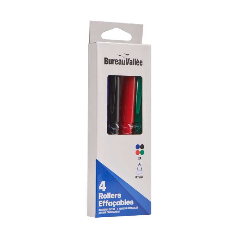 3539012006399-Bureau Vallée - 4 rollers effaçables thermosensibles - Pointe 0,7 mm - Assortiment de 4 couleurs--1