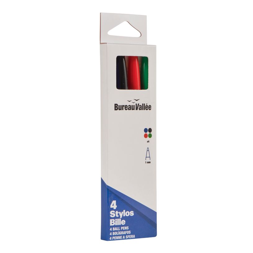 3539012006498-Bureau Vallée – 4 stylos bille assortis – Pointe moyenne 1 mm – Bleu, noir, vert, rouge--1