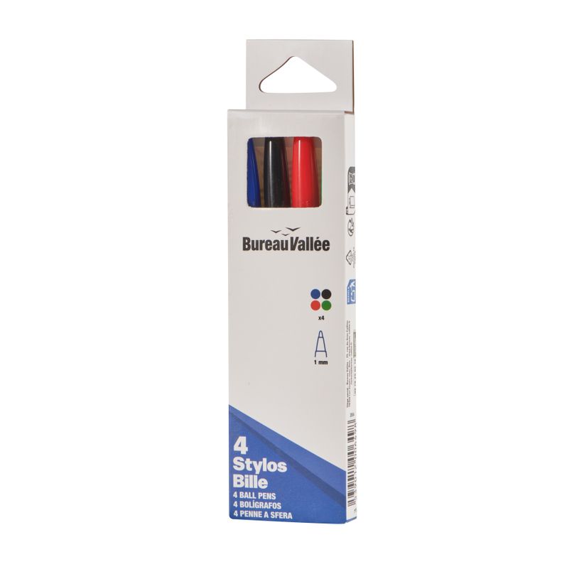 3539012006498-Bureau Vallée – 4 stylos bille assortis – Pointe moyenne 1 mm – Bleu, noir, vert, rouge--2
