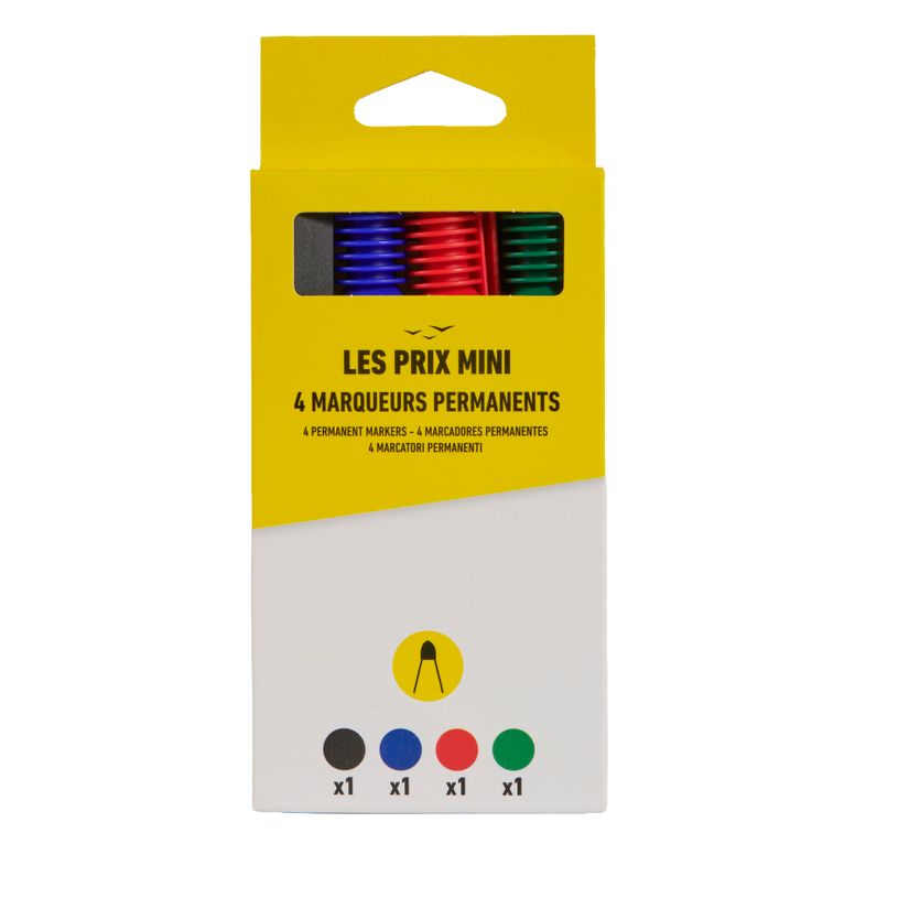 3539012006511-Les Prix Mini – 4 marqueurs permanents pointe large – Bleu, noir, rouge et vert--0