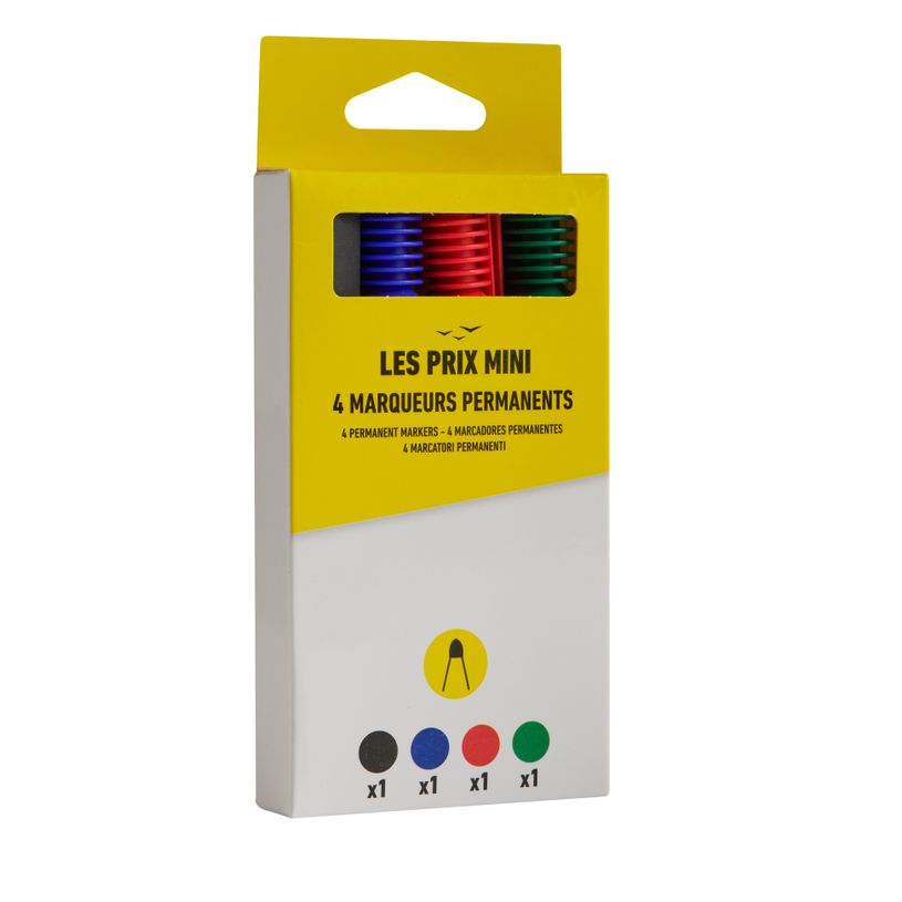 3539012006511-Les Prix Mini – 4 marqueurs permanents pointe large – Bleu, noir, rouge et vert--1