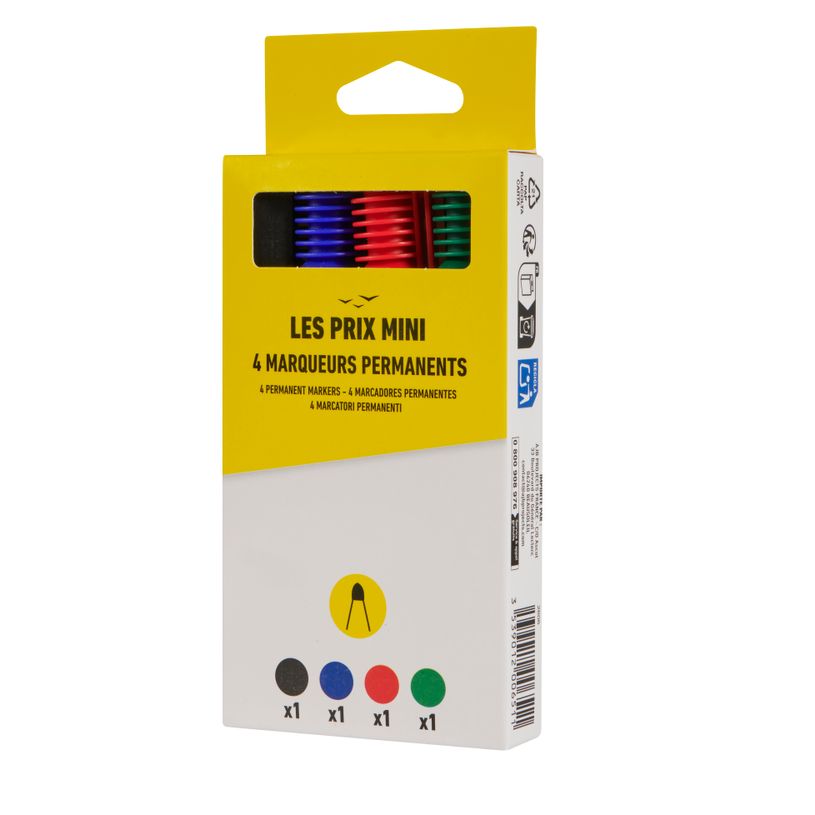 3539012006511-Les Prix Mini – 4 marqueurs permanents pointe large – Bleu, noir, rouge et vert--2
