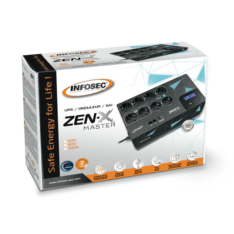 3700085661253-NFOSEC Zen-X Master 800 - Onduleur - 480 Watt - 800 VA - monophasé - USB - 8 connecteurs de sortie--3