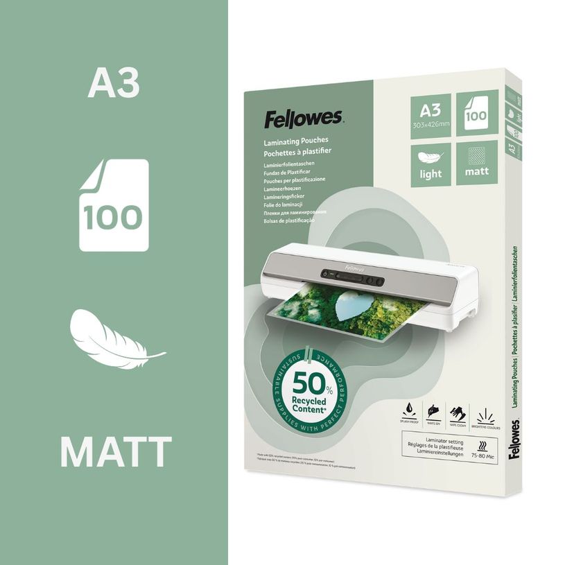 0043859813865-Fellowes - 100 pochettes de plastification A3 - recyclé - mates--1