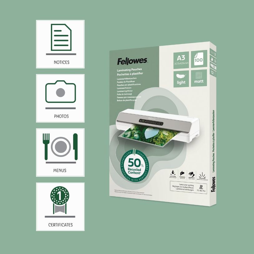 0043859813865-Fellowes - 100 pochettes de plastification A3 - recyclé - mates--5