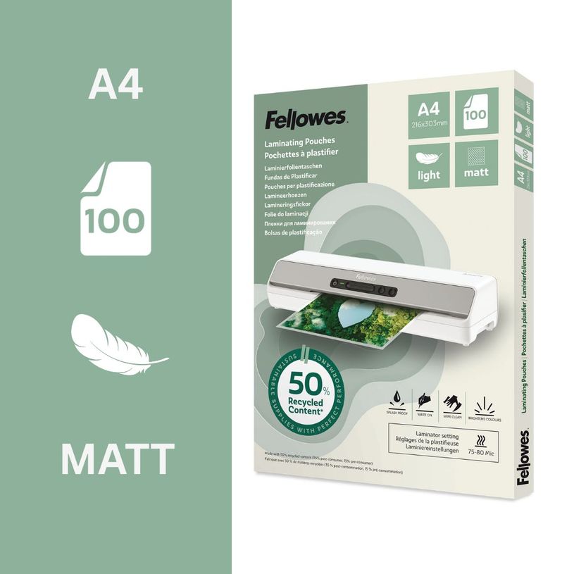0043859813872-Fellowes - 100 pochettes de plastification A4 - recyclé - mates--1